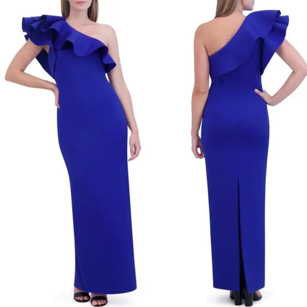 NEW ELIZA J Cobalt Blue SCUBA CREPE Ruffle ONE SHOULDER Bodycon EVENING GOWN 4